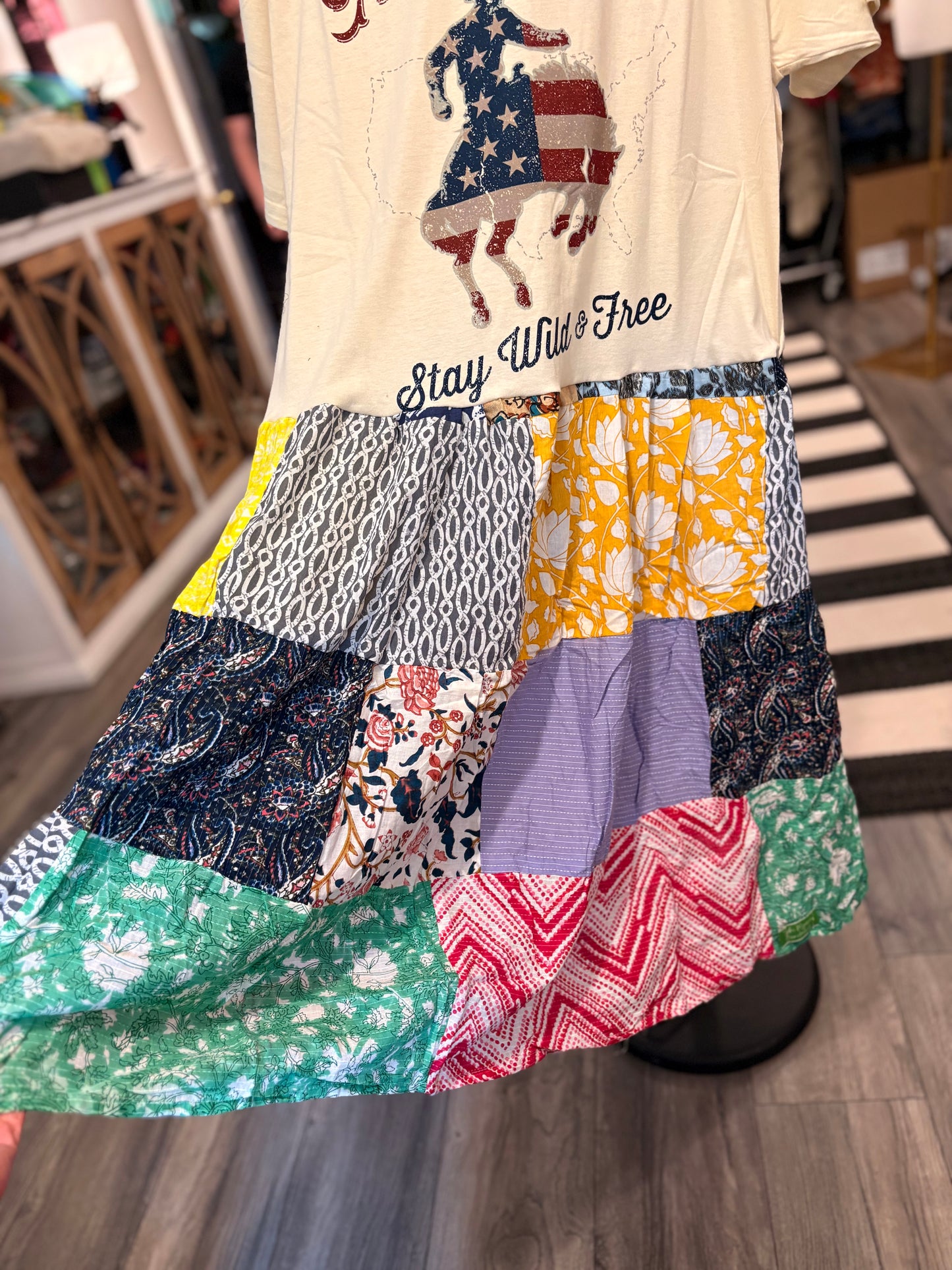 America Wild and Free Upcycled Patchwork Dress One Size Fits a Small to XL