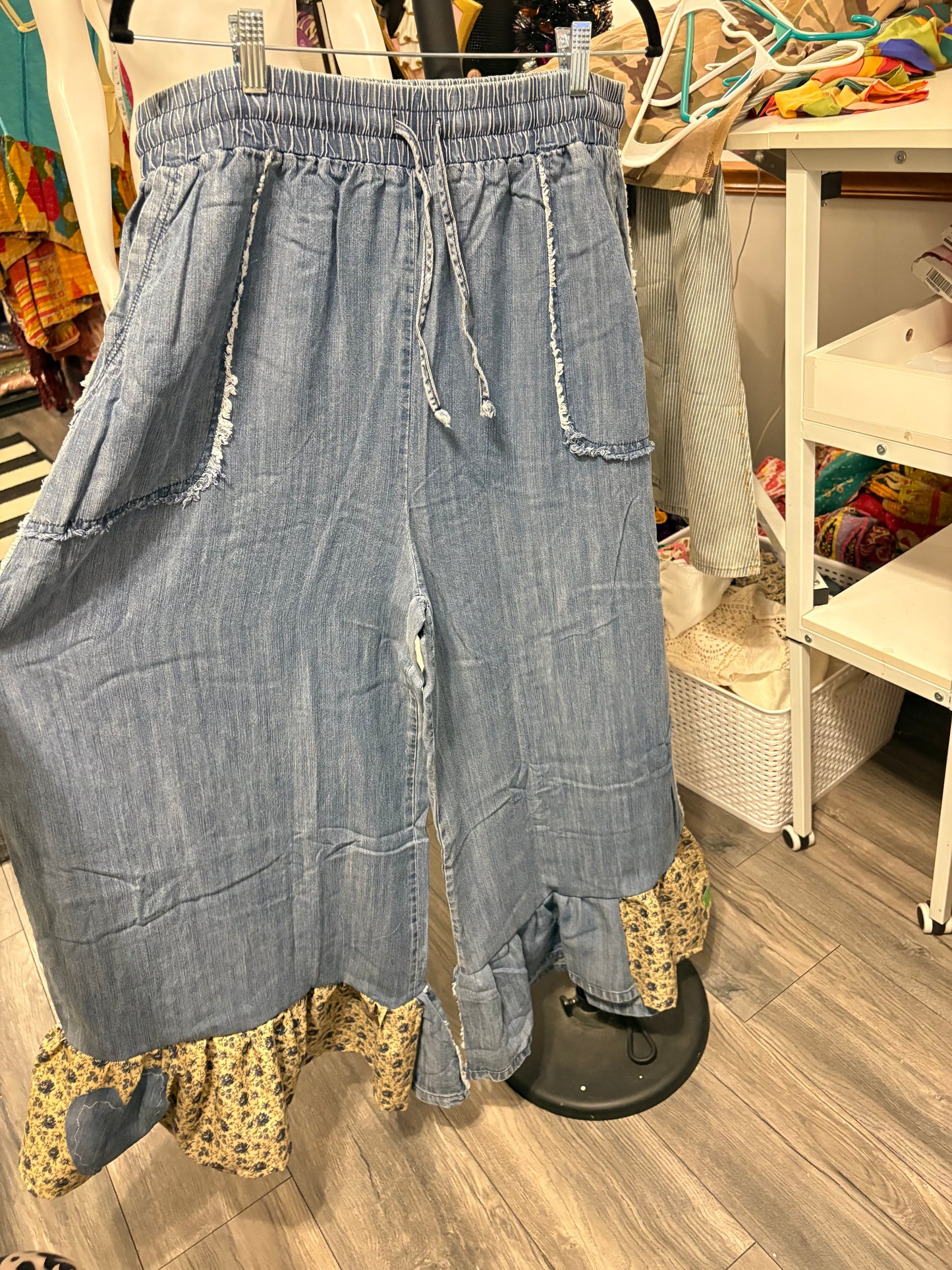 Hollys Upcycled Ruffled Denim Chambray Pants 1X