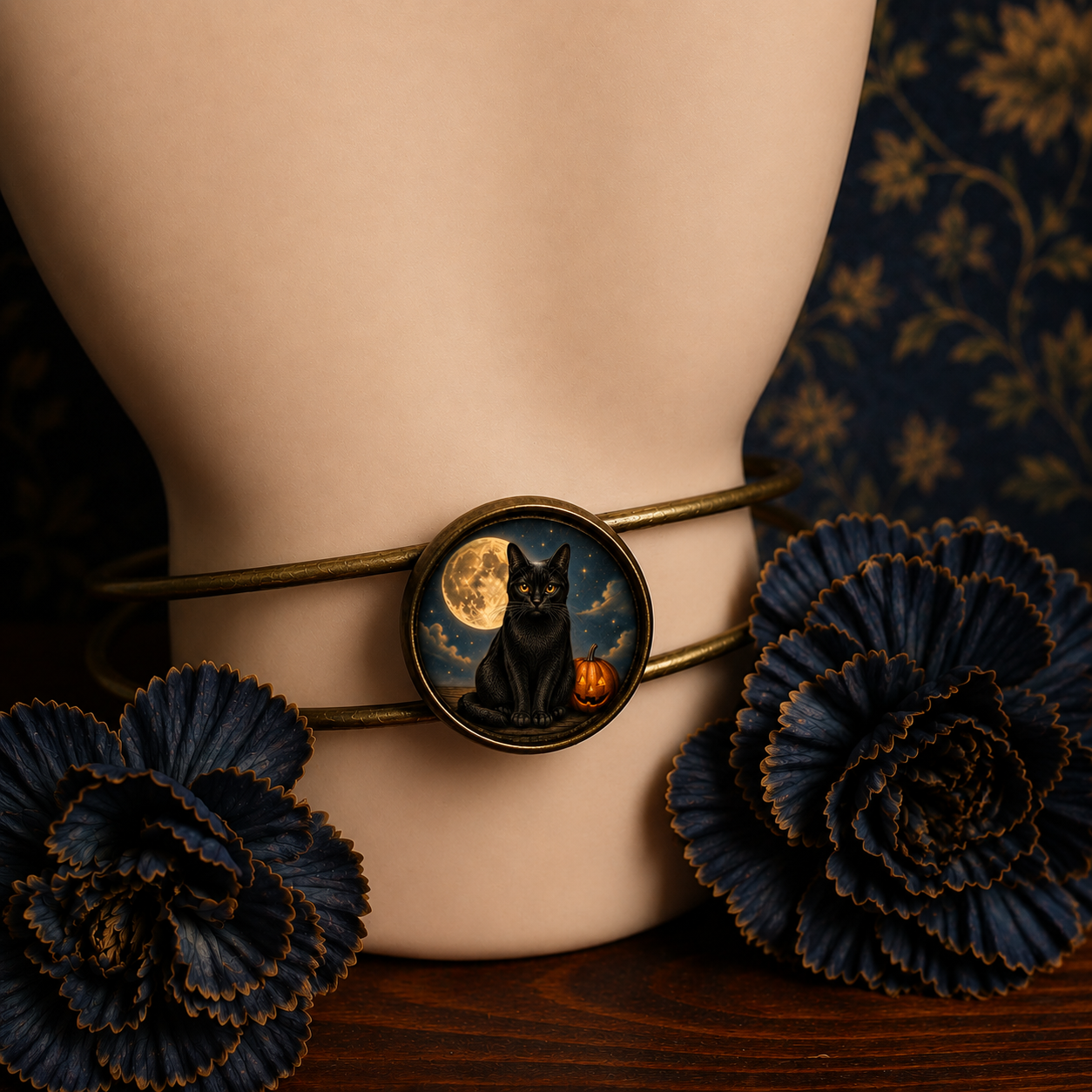 Black Cat & Pumpkin Halloween Cuff Bracelet