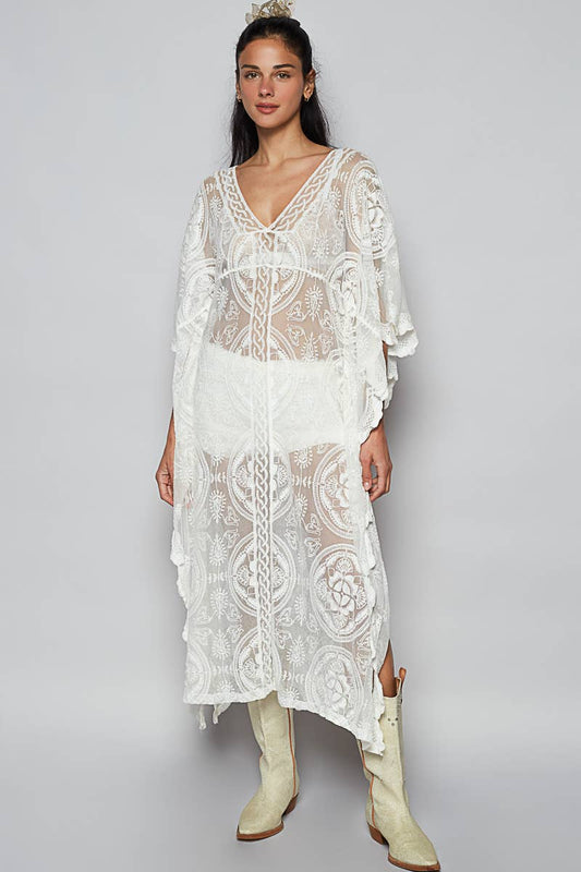 V-neck short sleeve floral embroidery crochet dress: White / Os