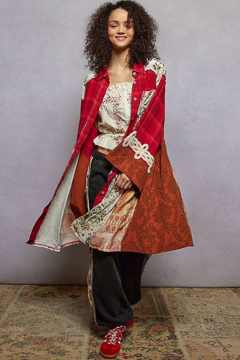 Long sleeve spangle crochet trim plaid knee length shirt top: RED MULTI / S