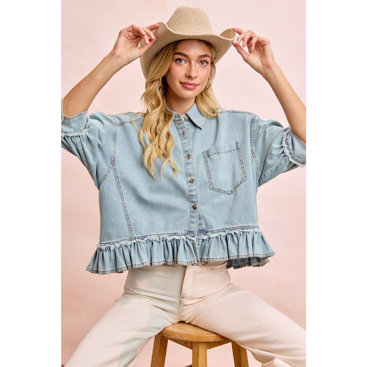 WASHED DENIM RUFFLED HEM BUTTON UP SHIRT: WASHED DENIM / S-XL