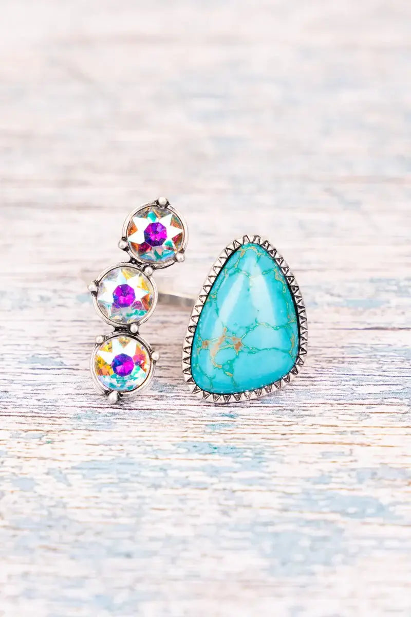 Glass Bling Stone Cuff Ring - Iridescent: TURQUOISE + FUSCHIA PINK STONE