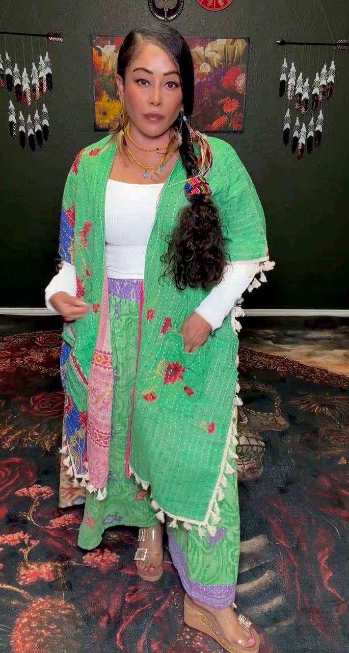 Short Sleeve Willow Fringe Kantha Kimono 1000-07