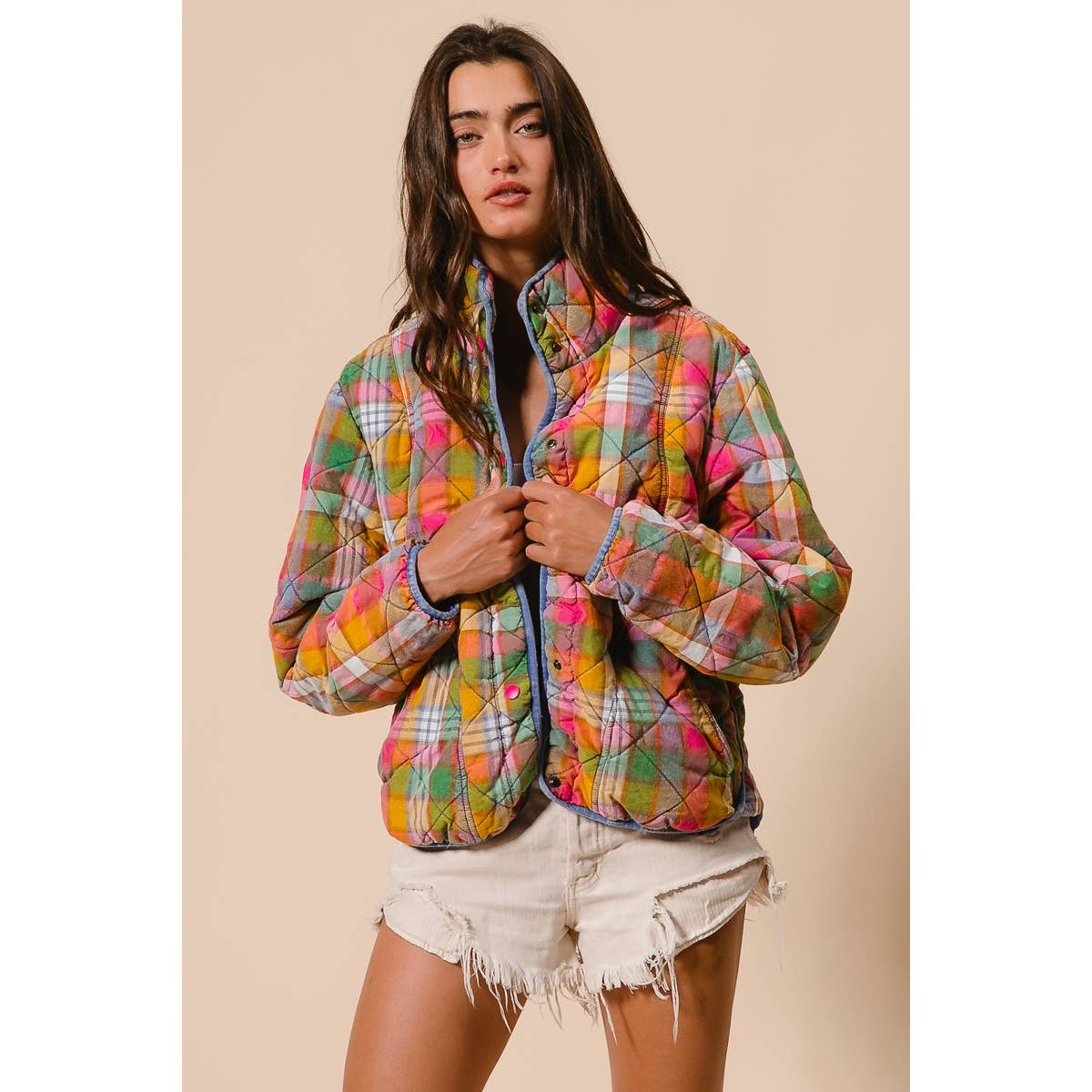 BLEACHED VINTAGE PLAID QUILTED JACKET WITH POCKETS: STAINED GLASS / XL