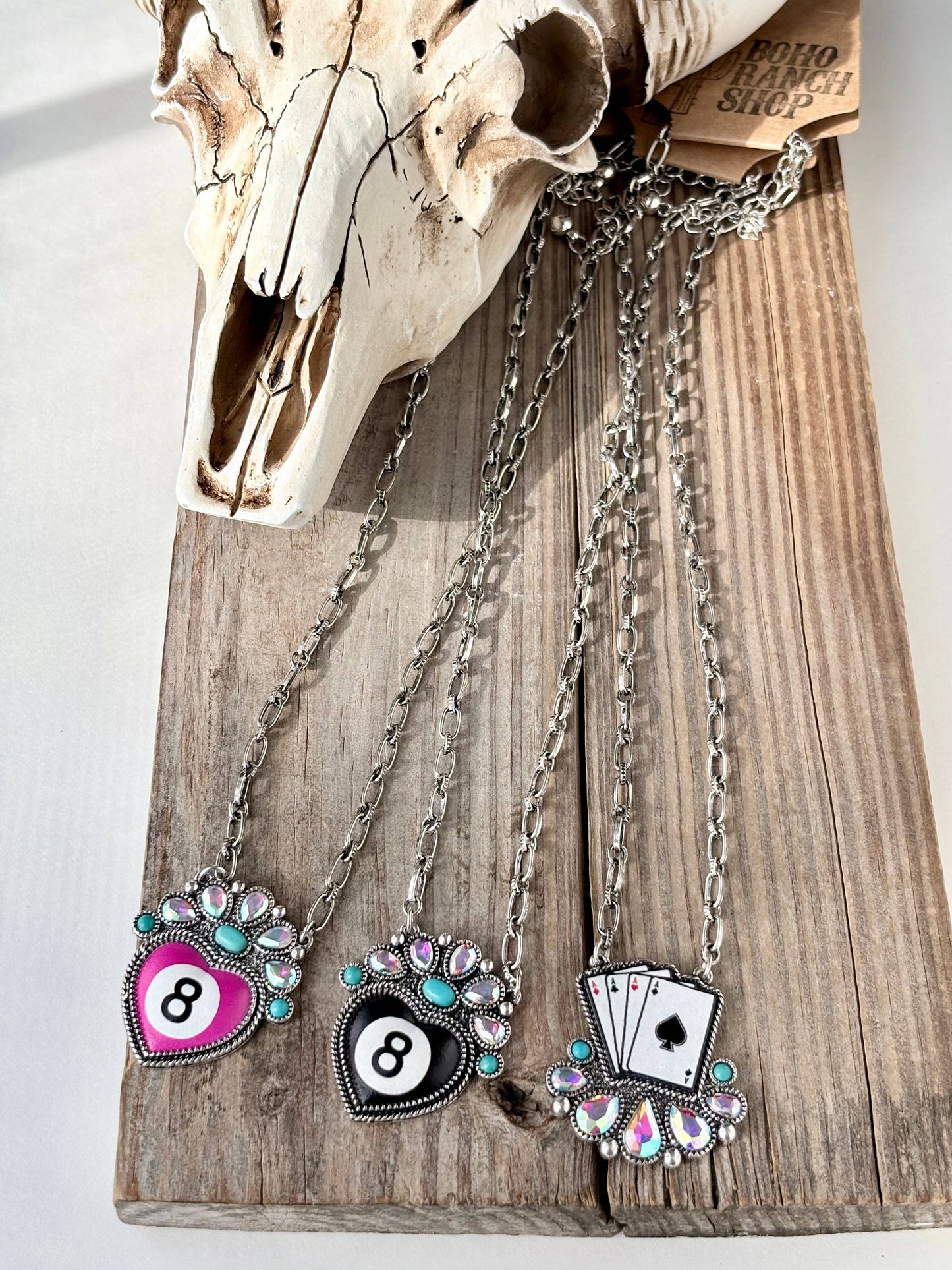 Western Style Magic 8 Heart Pendant Rhinestone Necklace: Black
