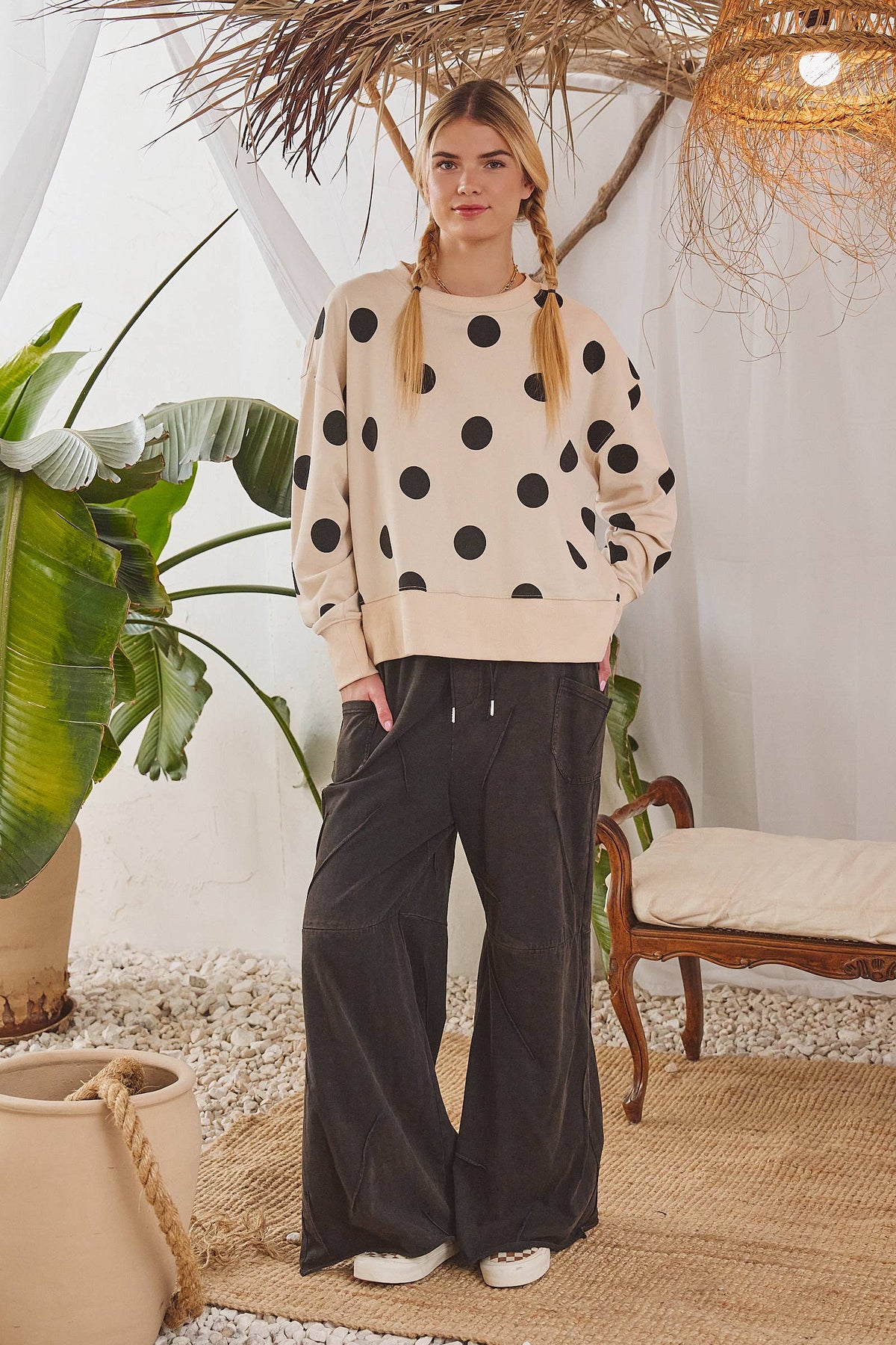 PLUS SIZE POLKA DOT SWEATSHIRT: Beige