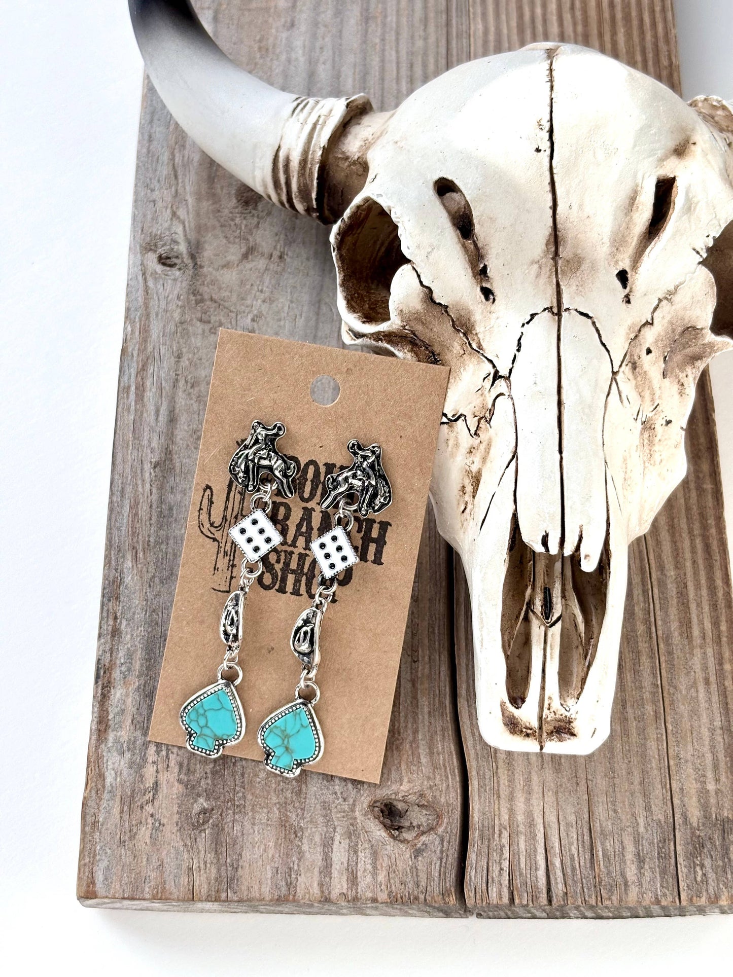 4 Tier Western Rodeo Dice Spade Stone Post Drop Earrings: Turquoise