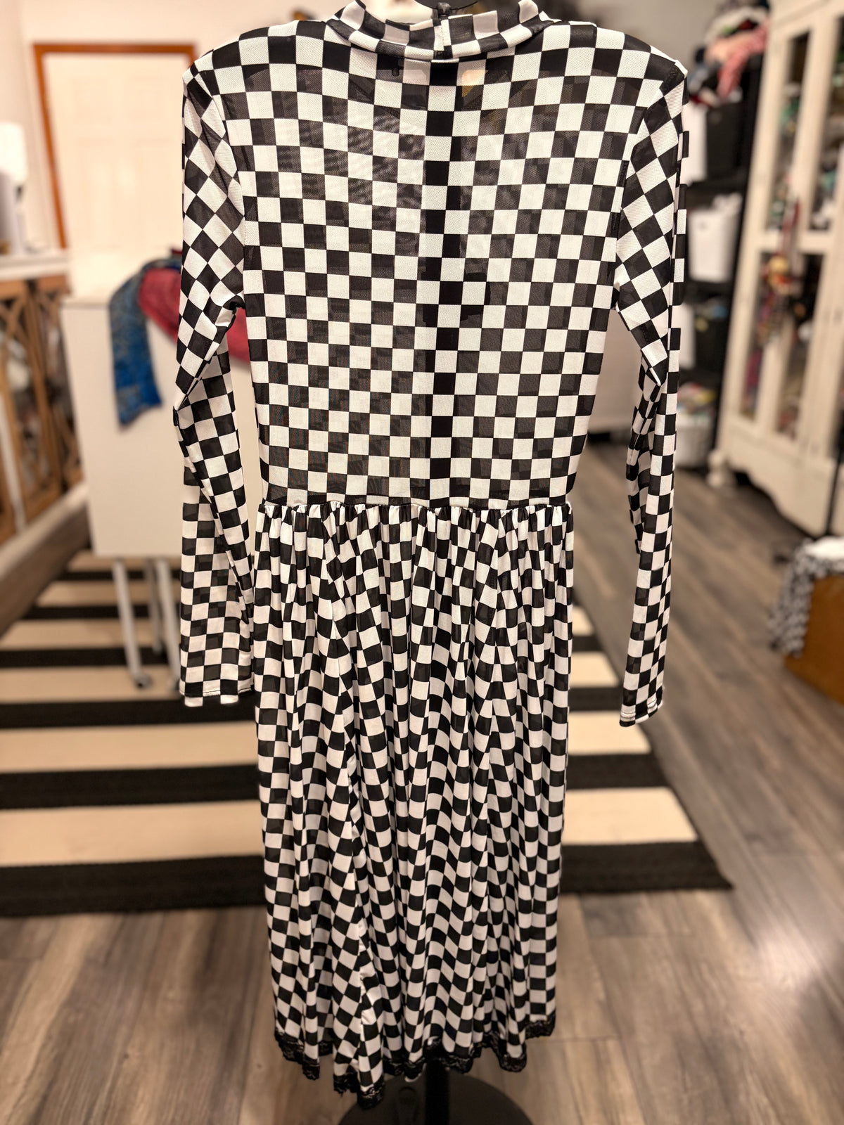 CHECKER PRINT Mesh and Lace Midi DRESS: Black Fits M/L