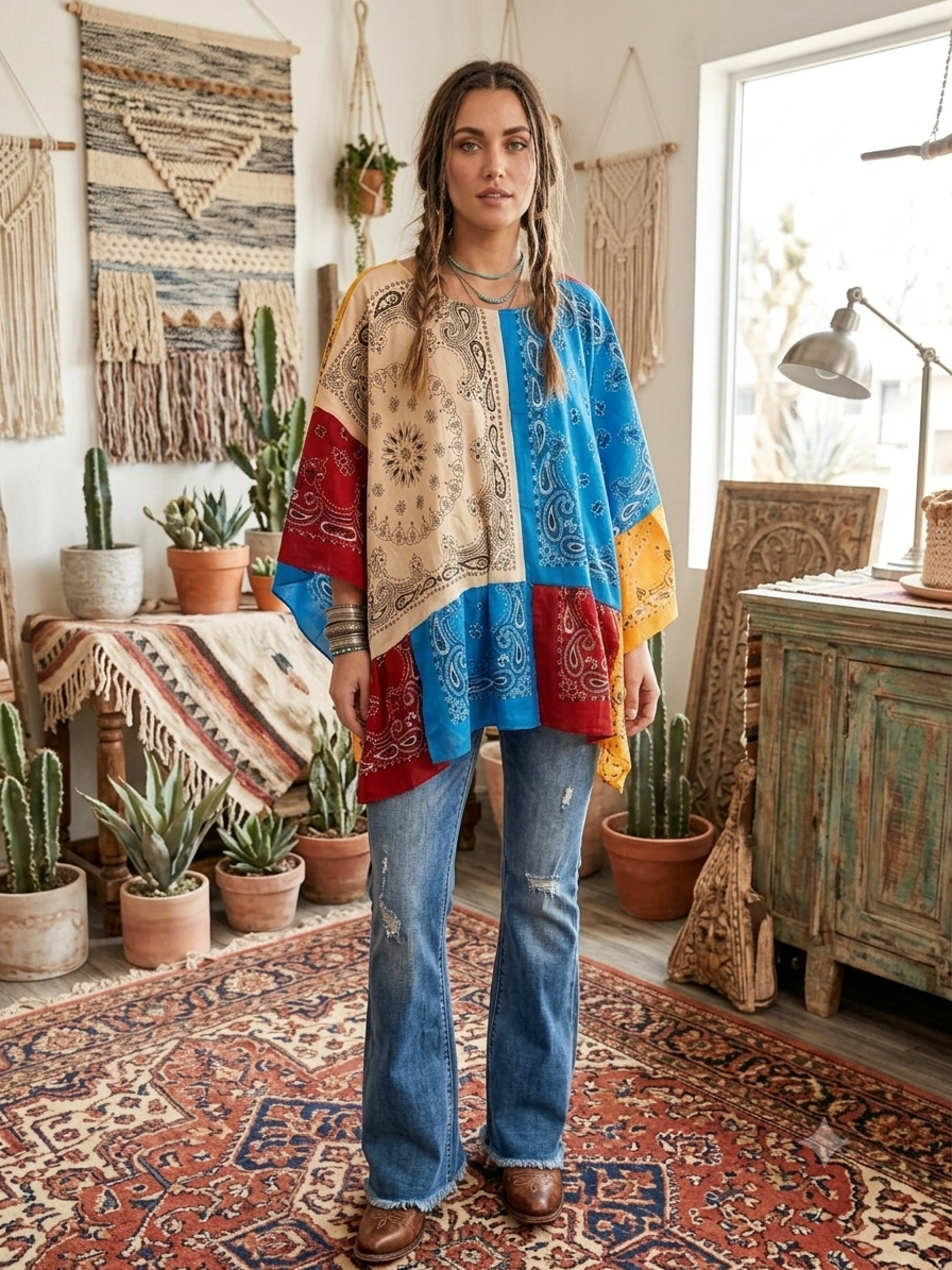 Harvest Moon Bandana Ruffled Poncho One Size Fits a Small to 3X