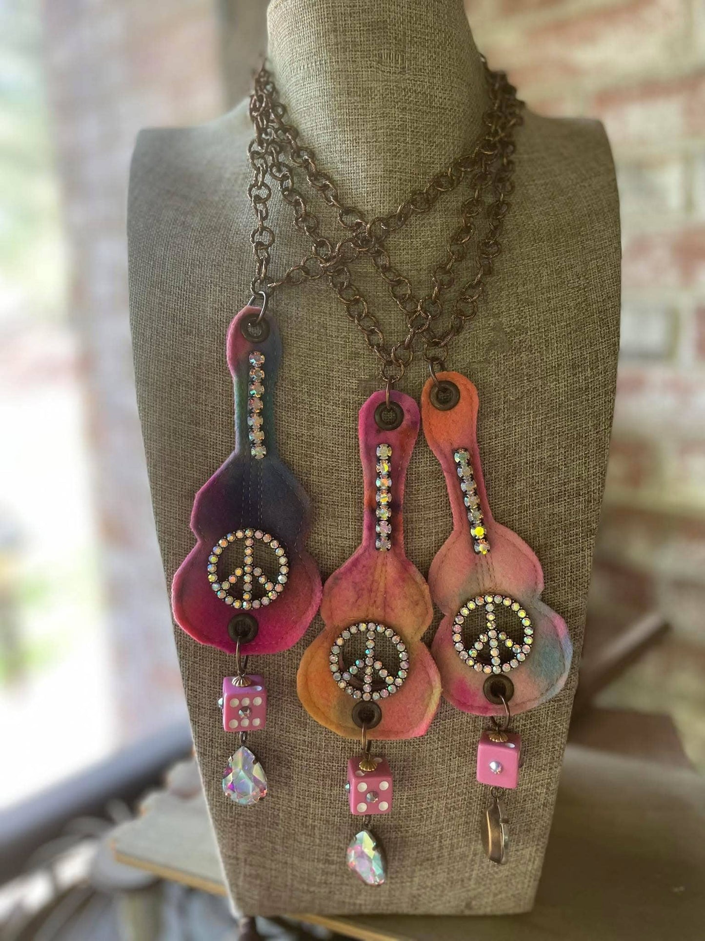 Hand Dyed  Fabric GUITAR Necklace with Peace Sign