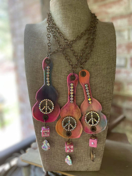 Hand Dyed  Fabric GUITAR Necklace with Peace Sign