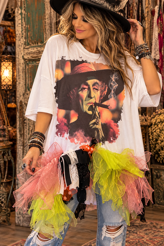 Witchy Poo Glam Fringe Asymmetrical Tee One Size Fits Small to 3X