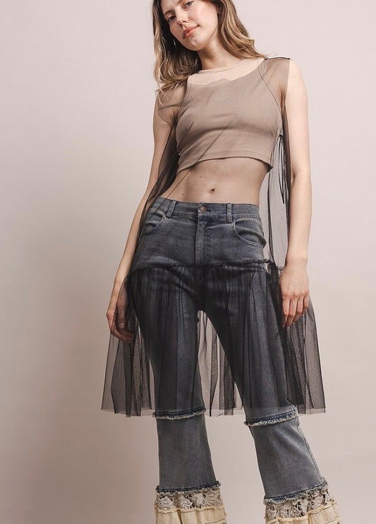 Black See Through Mesh Ruffed Tank