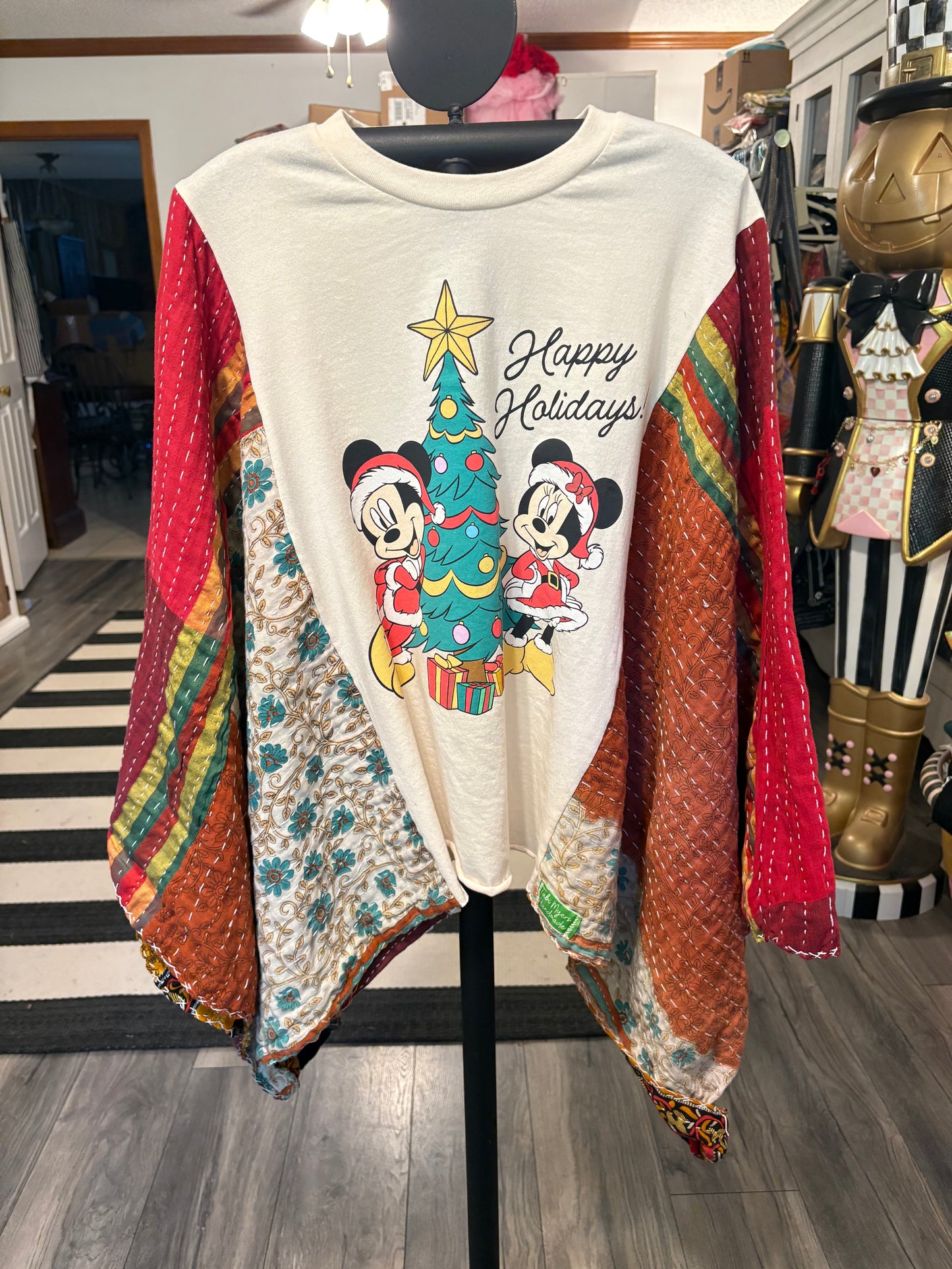 Mickey Christmas Upcycled Vintage Kantha Poncho Tee Fits A Size Small to XXL