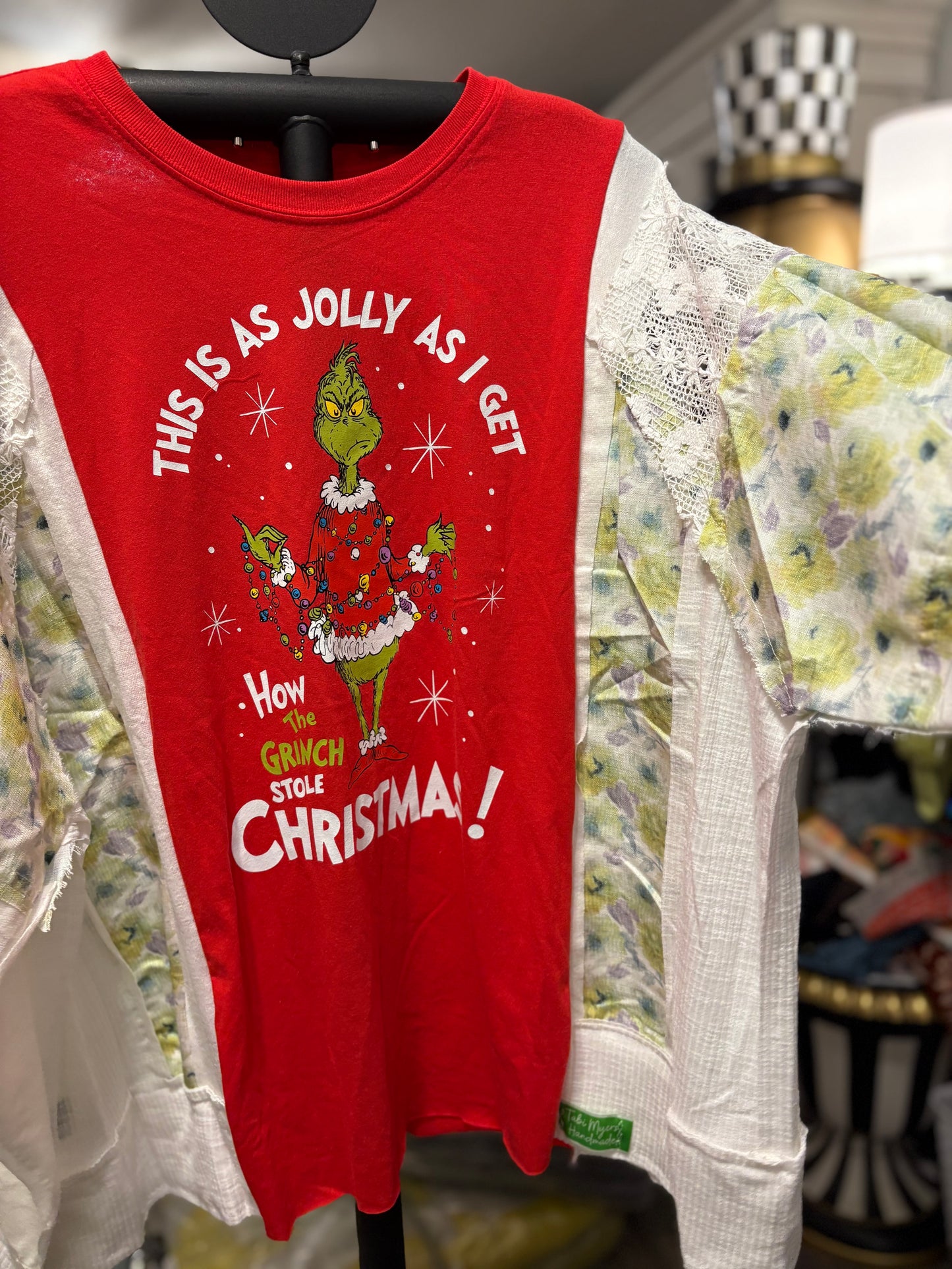 Jolly Grinch Upcycled Frayed Lace Sleeve Tee One Size Fits Small to XXL Oversized