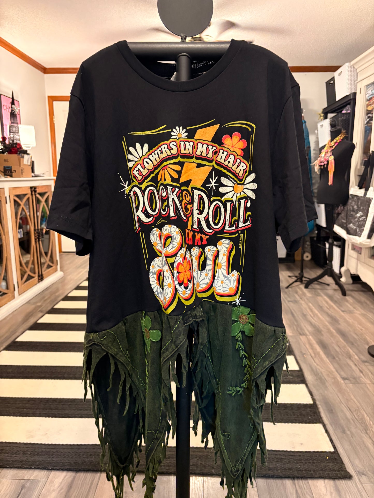 Rock and Roll Upcycled Fringed Bottom Tee Dress Fits a Small to XL