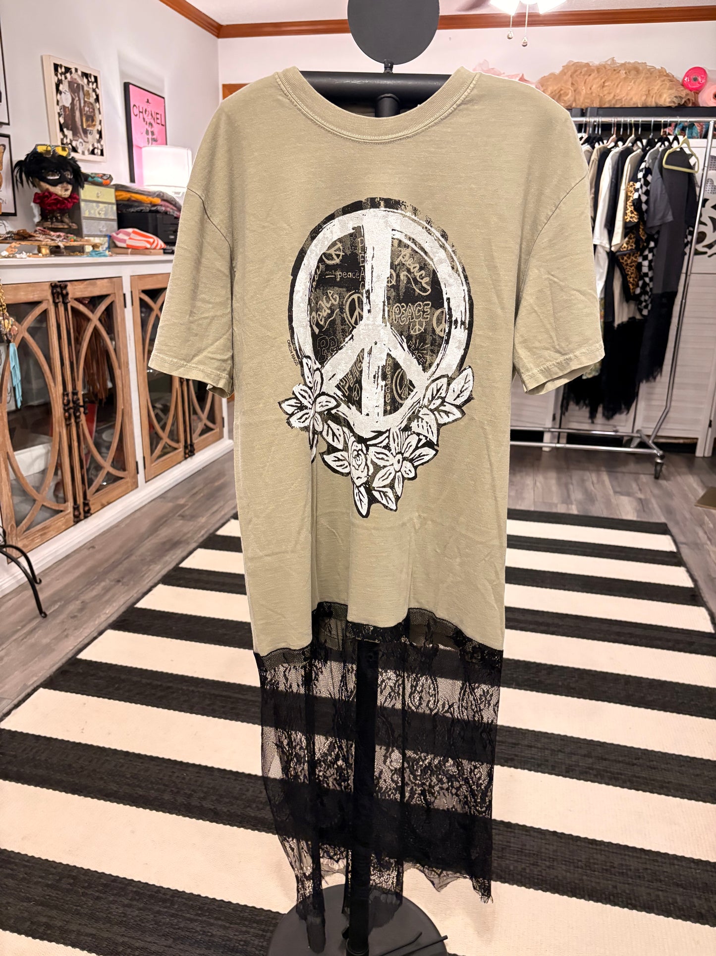 Peace and Love Lace Bottom Tee Dress OVERSIZED Fits a Small to Large