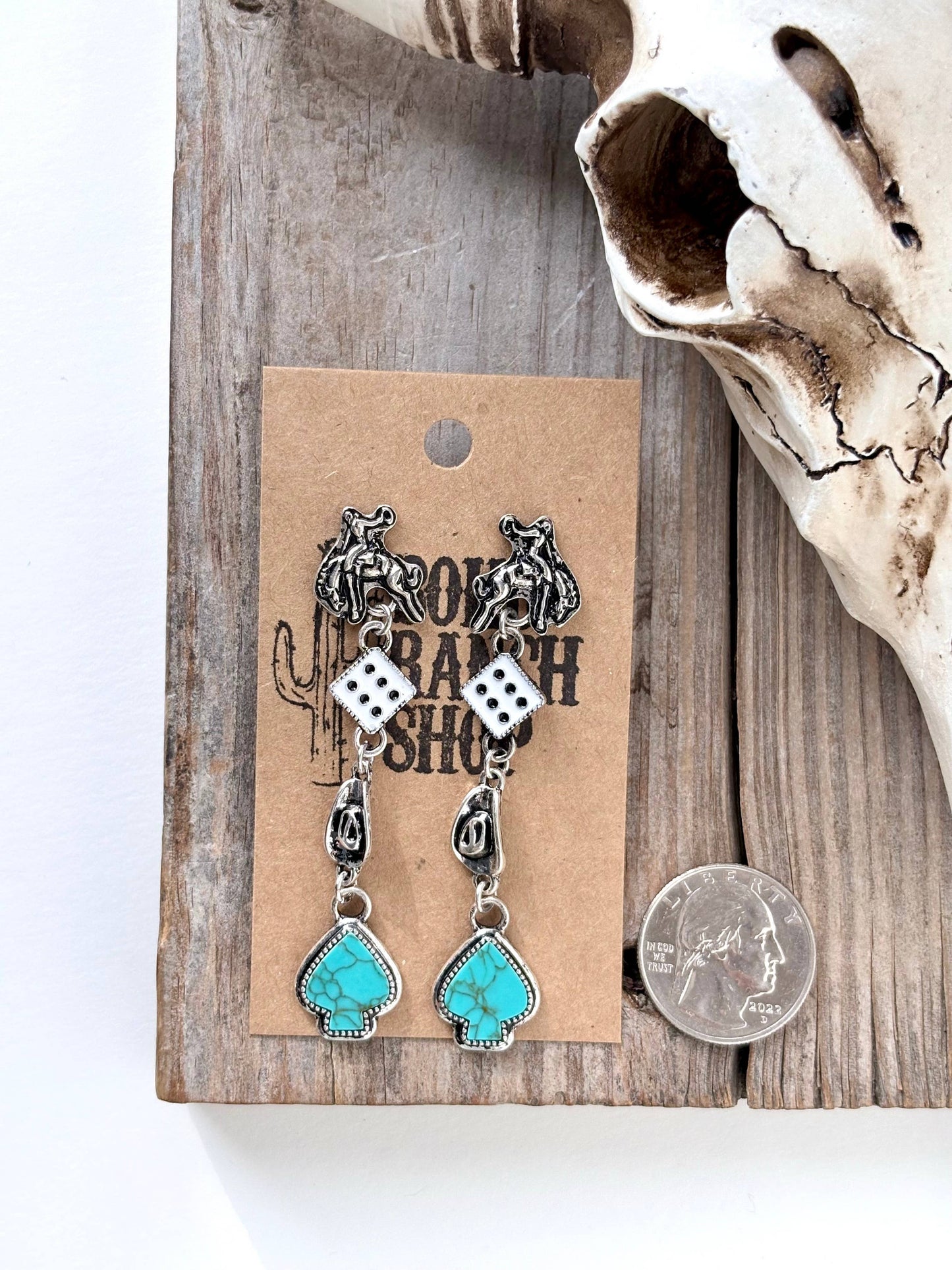 4 Tier Western Rodeo Dice Spade Stone Post Drop Earrings: White