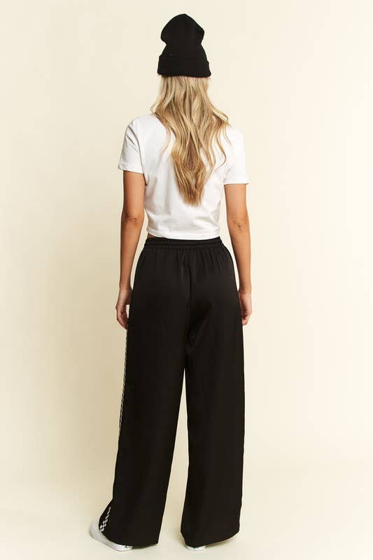 PLUS SIZE SOLID SATIN SWEATPANTS WITH SIDE CHECKERBOARD TAPE: Black