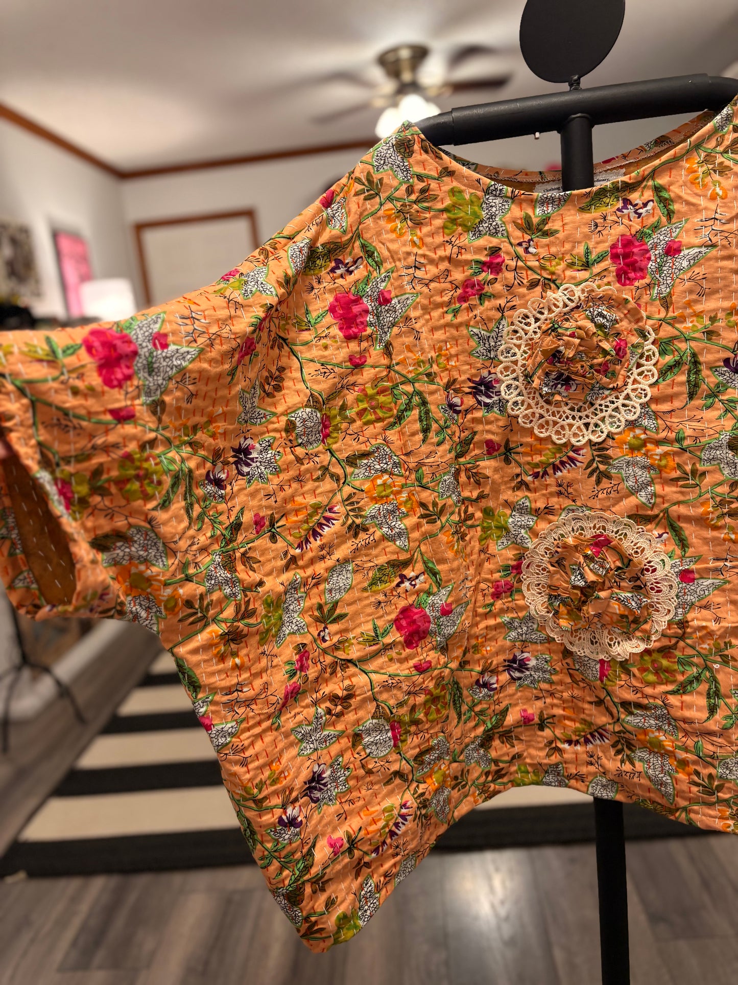 Meredith Cabbage Rose and Crochet Kantha Top One Size Fits a Small to 3X