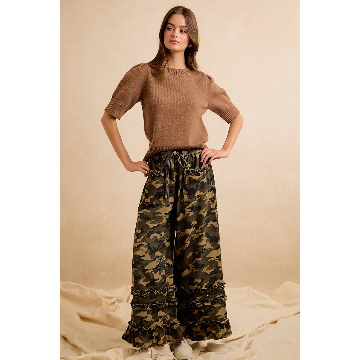 CAMOUFLAGE PRINTED TWILL RUFFLED DETAIL WIDE PANTS: CAMOUFLAGE / XL 14-18