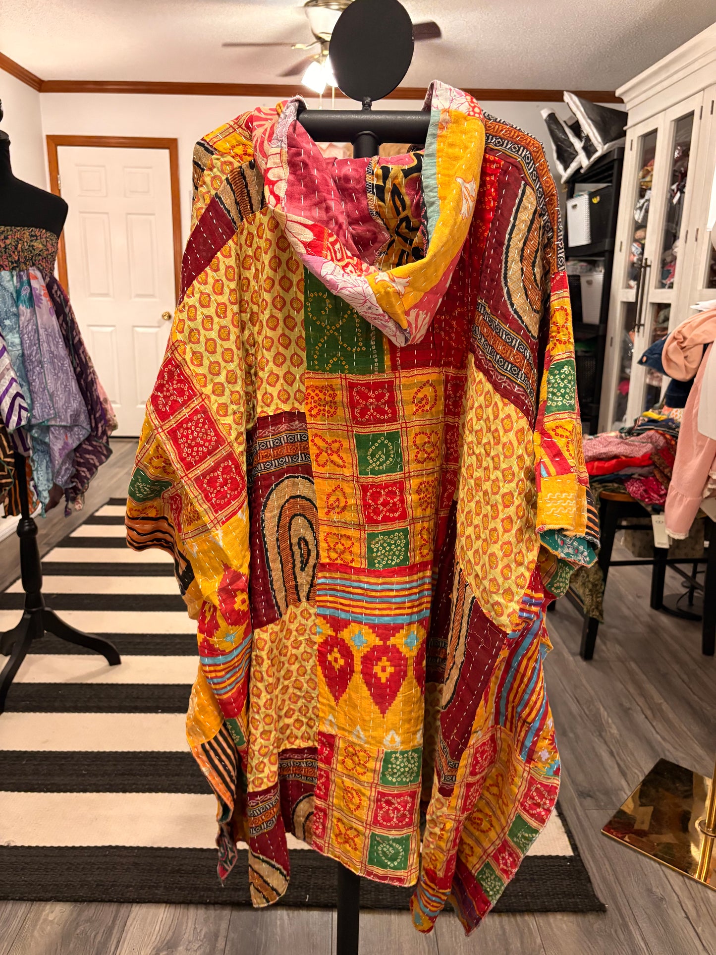 Patience Vintage Kantha Fabric Hood Oversized Poncho Top Dress One Size Fits Most