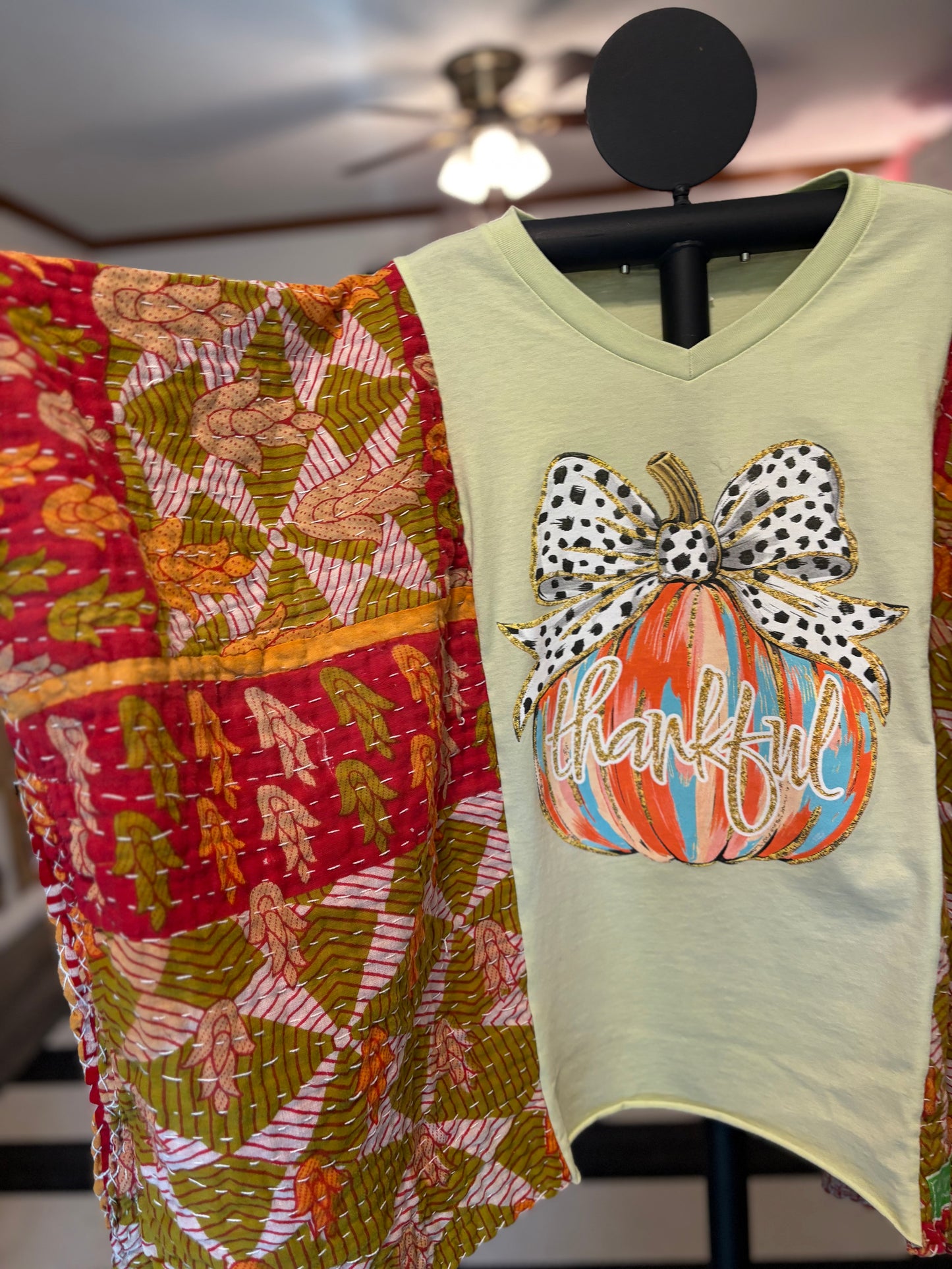 Pretty Pumpkin Upcycled Vintage Kantha Poncho Tee Fits A Size Small to XL