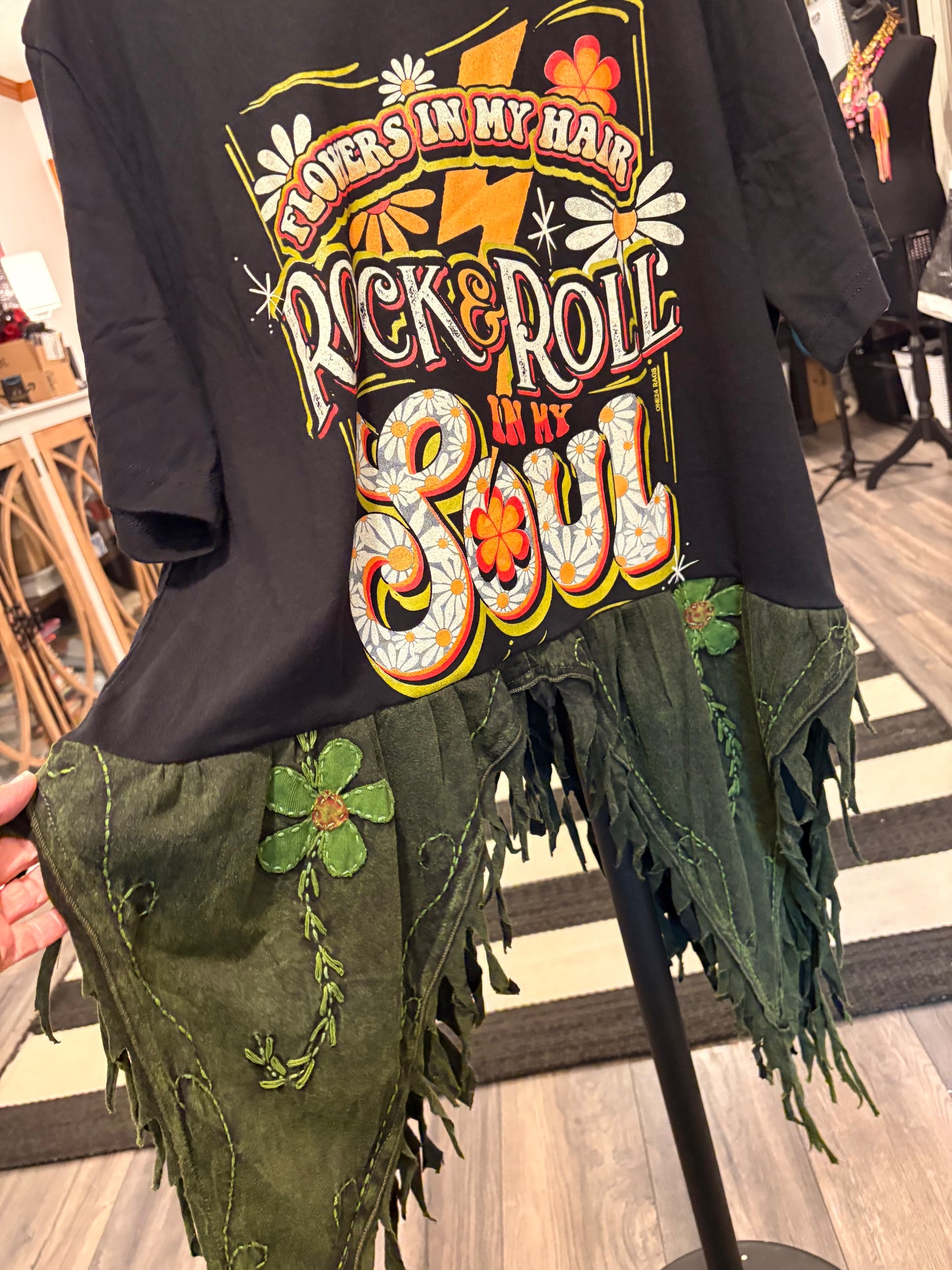 Rock and Roll Upcycled Fringed Bottom Tee Dress Fits a Small to XL