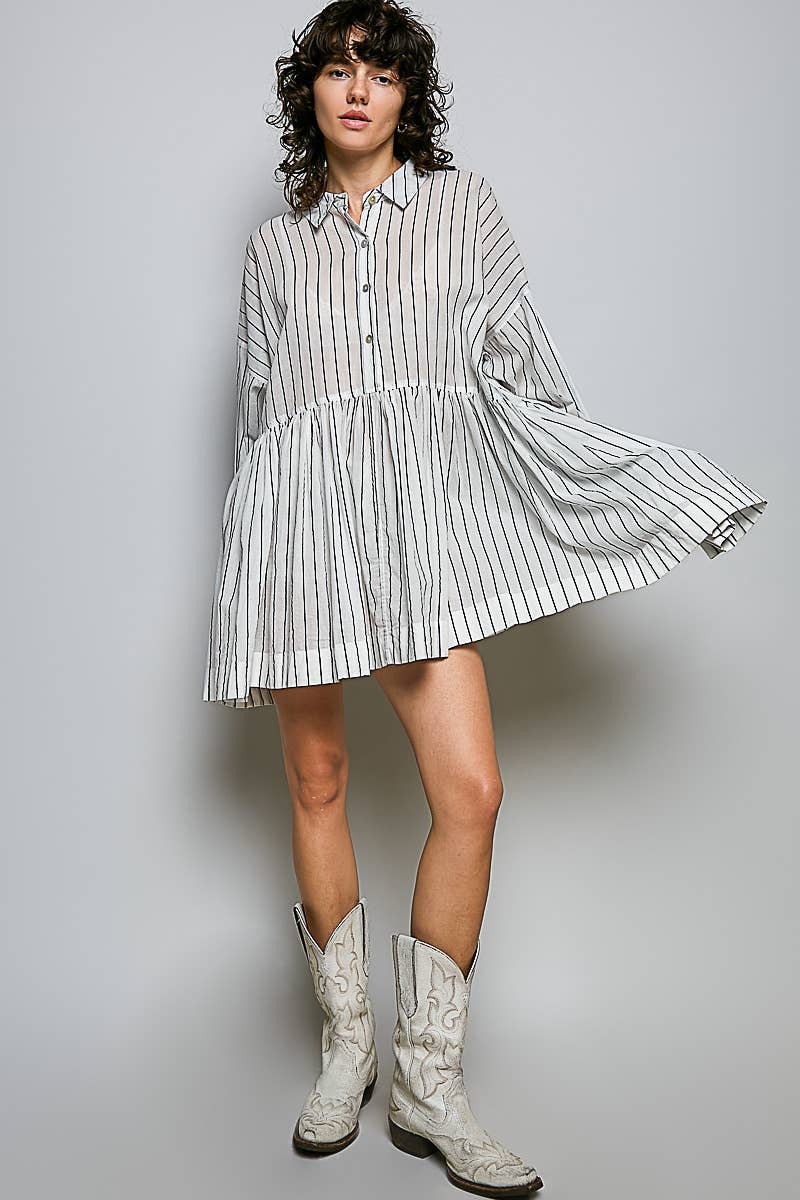 Striped Long Sleeve Collard Shirt Woven Dress : RED STRIPE / S