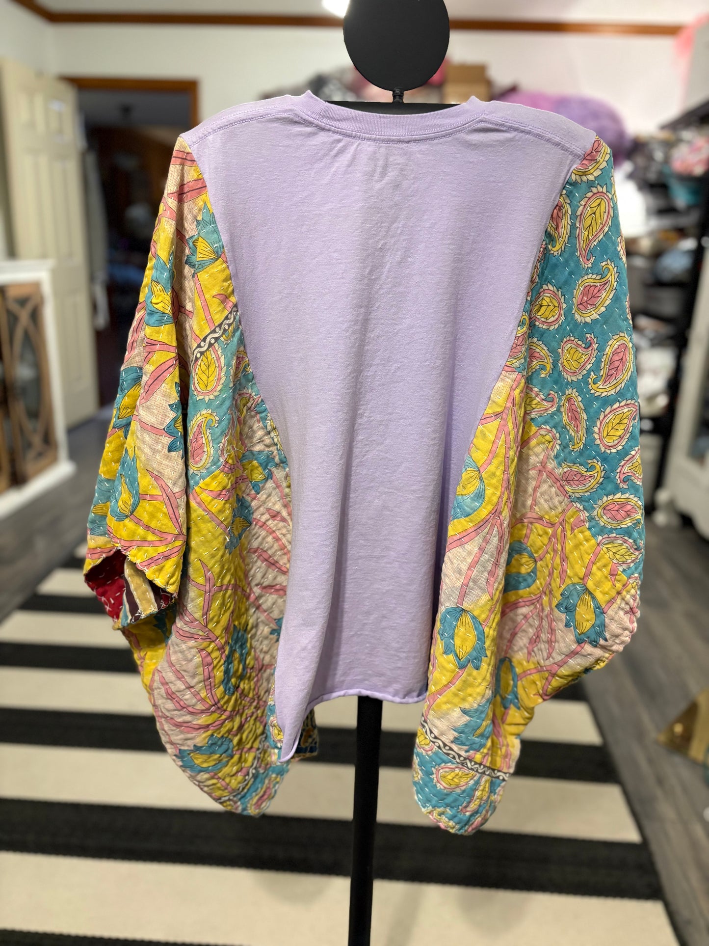 Power Puff Upcycled Vintage Kantha Poncho Tee Fits A Size Small to XXL