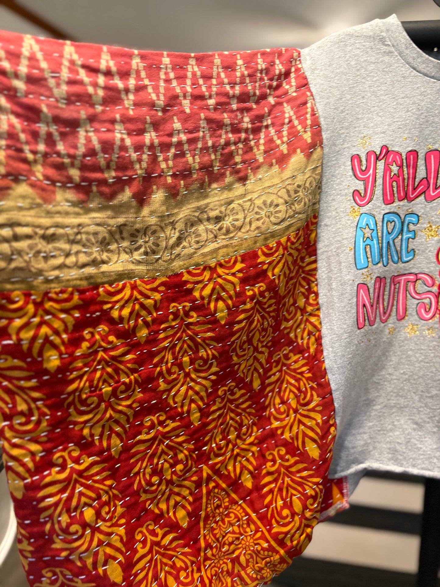 Yall Are Nuts Upcycled Vintage Kantha Poncho Tee Fits A Size Small to XXL