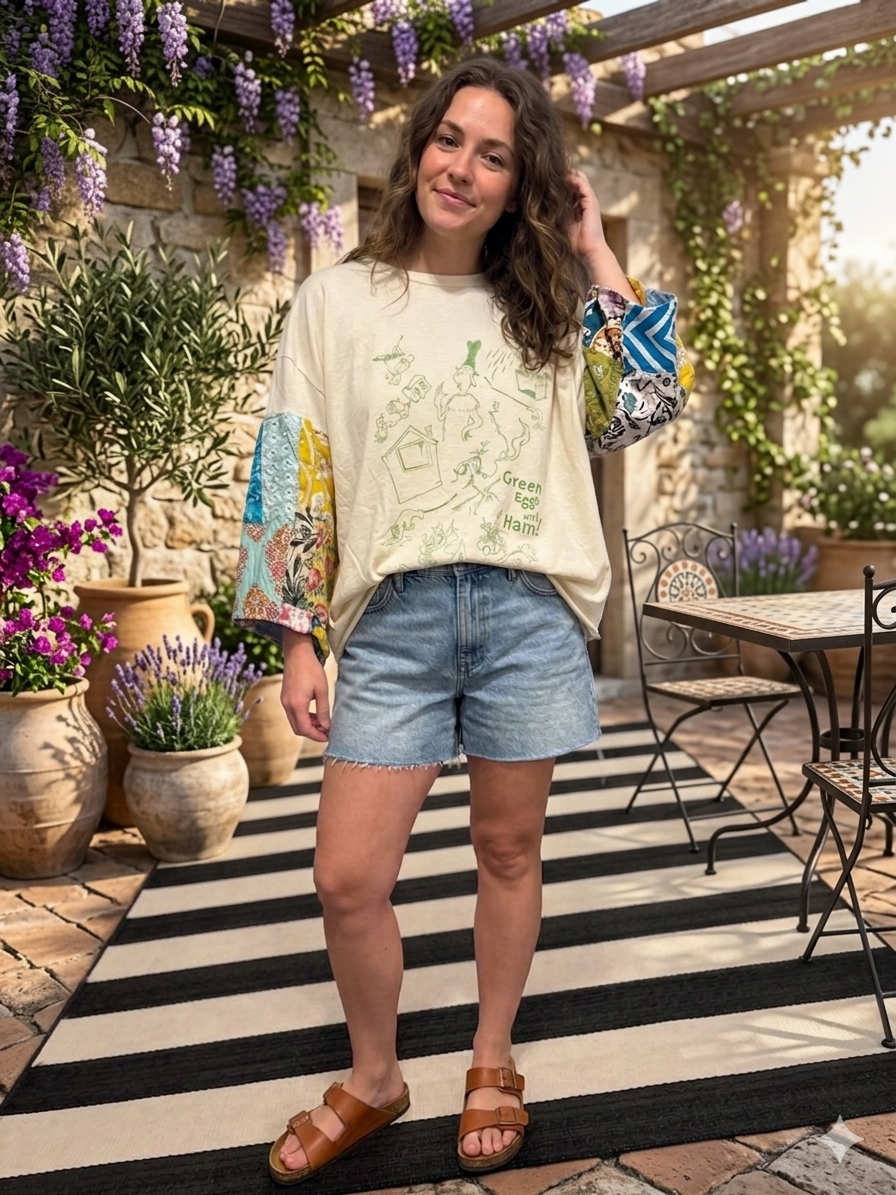 Green Eggs Upcycled Vintage Patchwork Tee Fits a Small to XXL