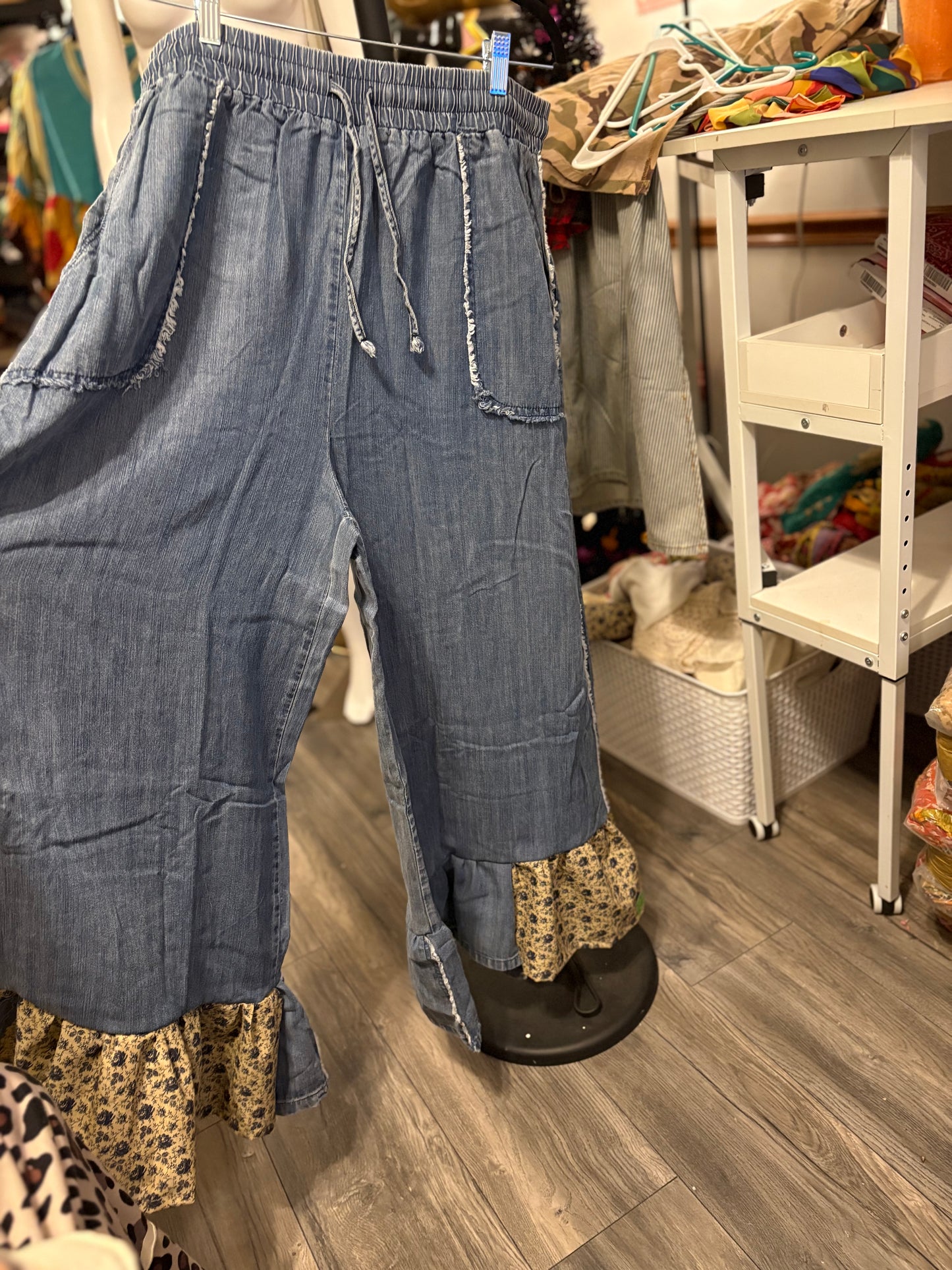 Hollys Upcycled Ruffled Denim Chambray Pants 1X