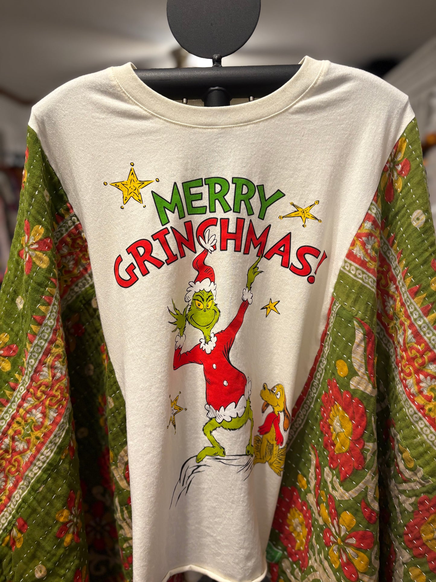 Merry Grinchmas Vintage Kantha Quilt Poncho Tee One Size Fits a Small to XXL