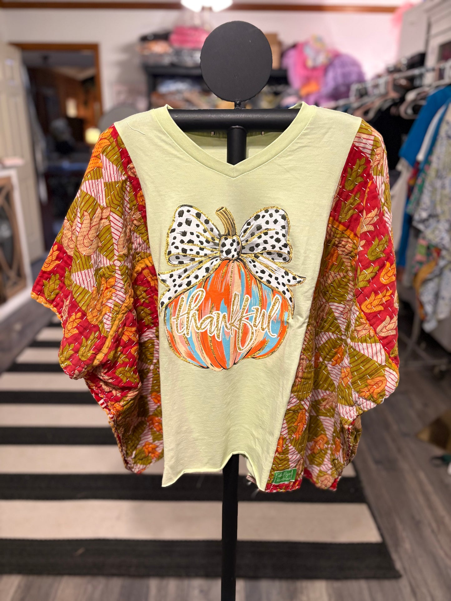 Pretty Pumpkin Upcycled Vintage Kantha Poncho Tee Fits A Size Small to XL