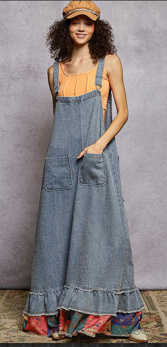 POL Striped Denim Ruffle Overalls