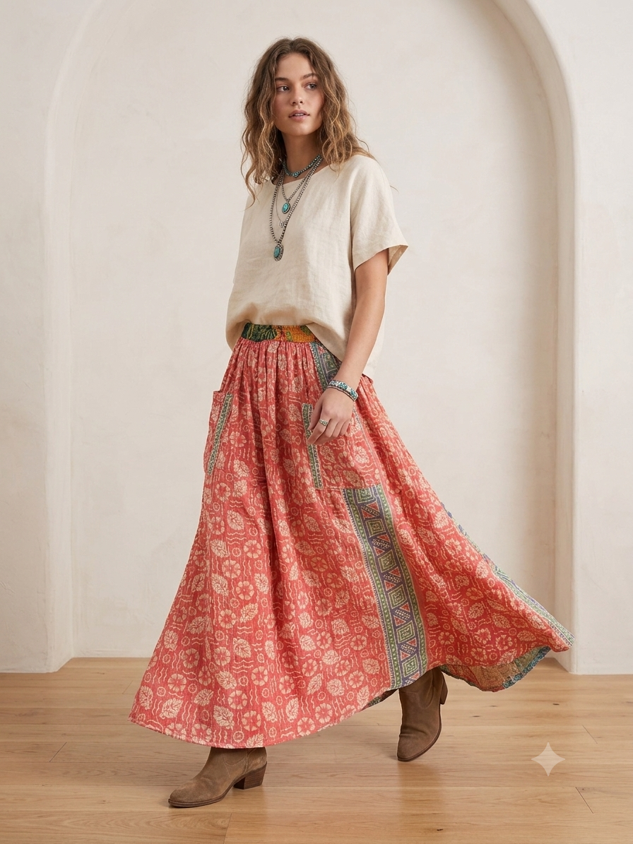 Chloe Women Vintage Kantha Quilt Cotton Reversible Skirt One Size Fits Size 4-16