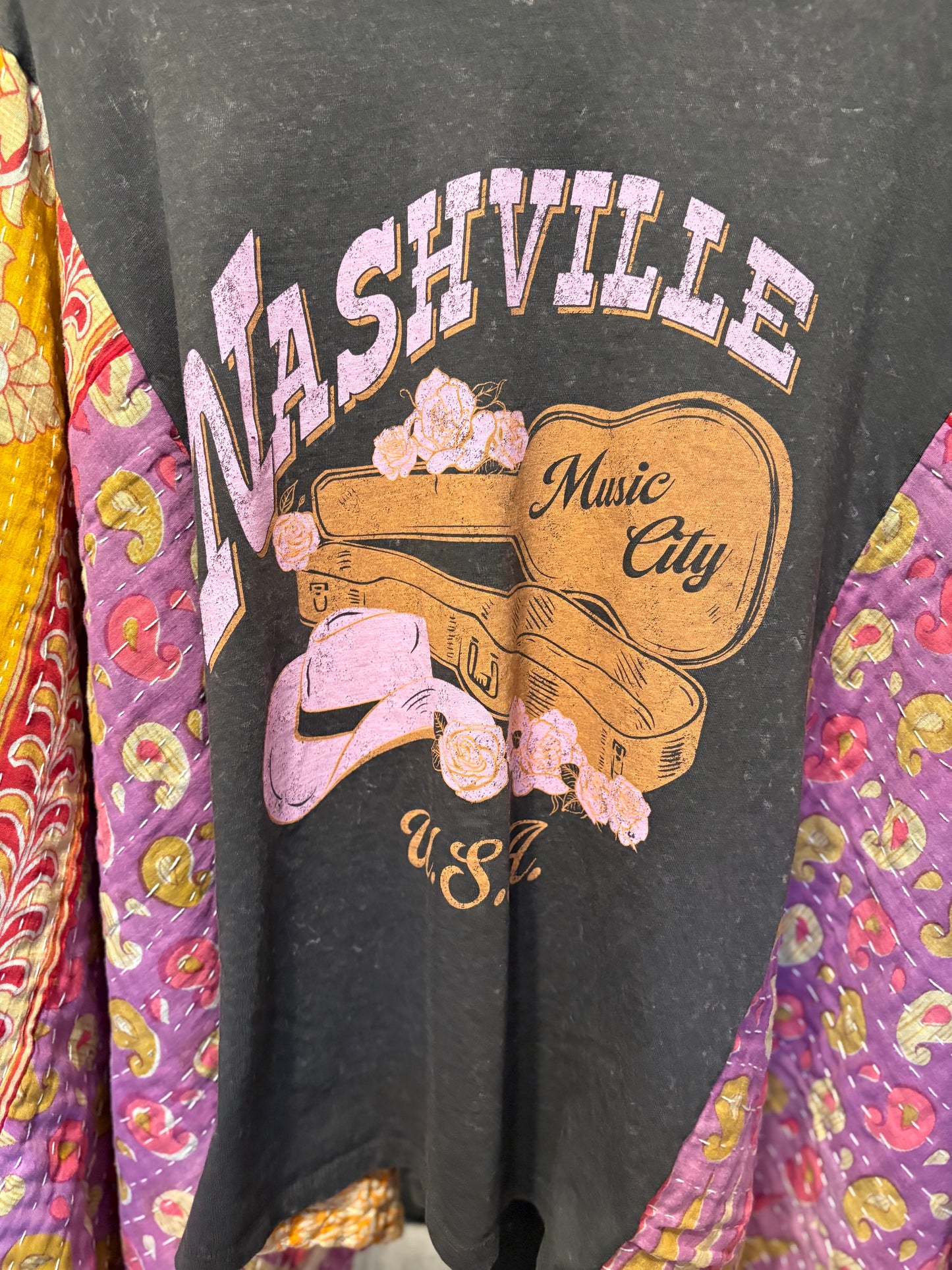 Nashville Upcycled Vintage Kantha Poncho Tee Fits A Small to XXL