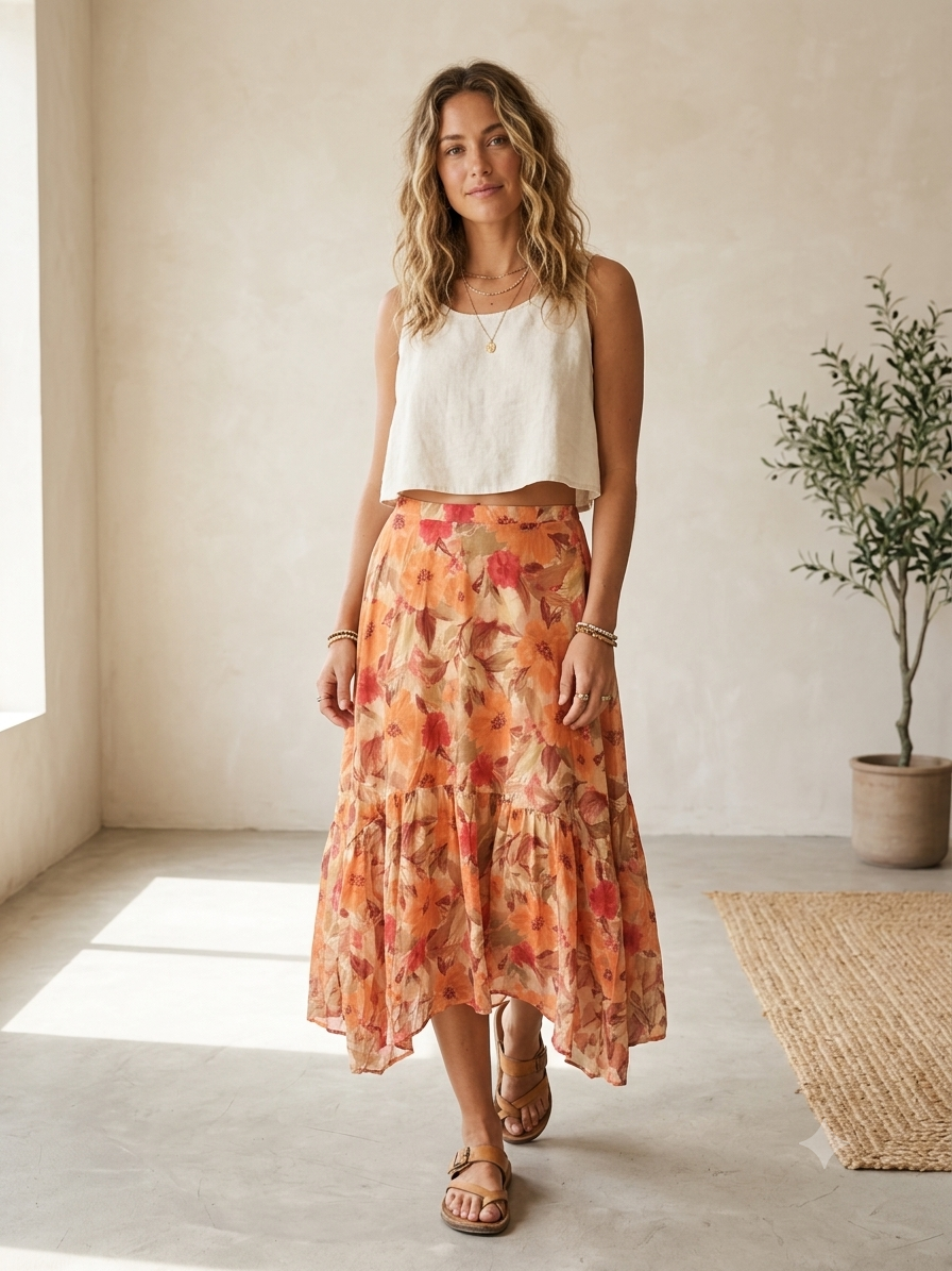 Peach Floral Asymmetrical Flowy Skirt Large