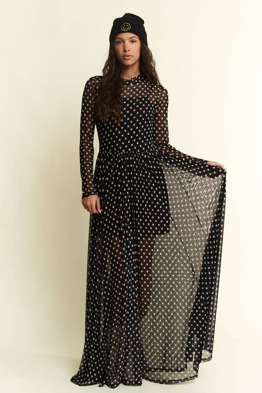 POLKA DOT PRINT MESH MAXI DRESS: Black