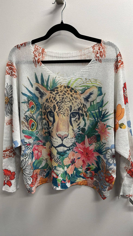 VI203 White Tiger Animal Round Knit Printed Sweater