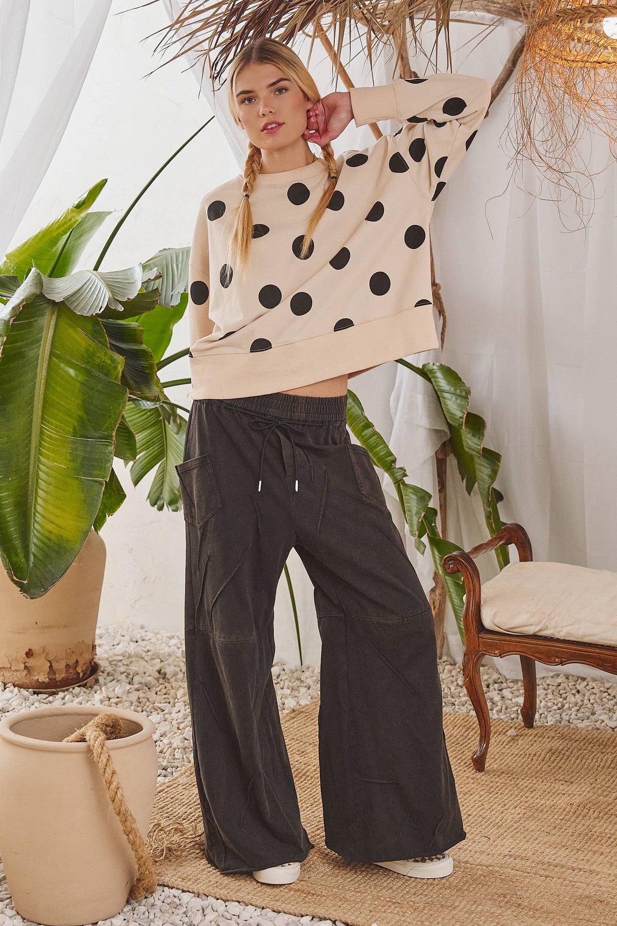 PLUS SIZE POLKA DOT SWEATSHIRT: Beige