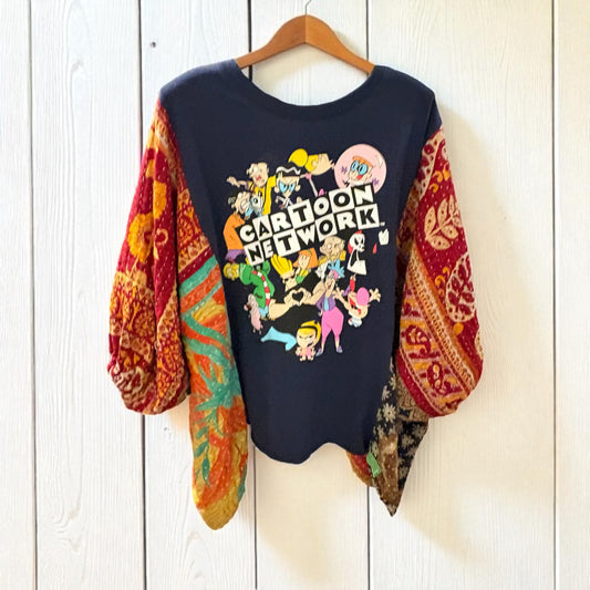 Cartoon Network Upcycled Kantha Puff Sleeve Top Fits a Small to 2X Super Oversized