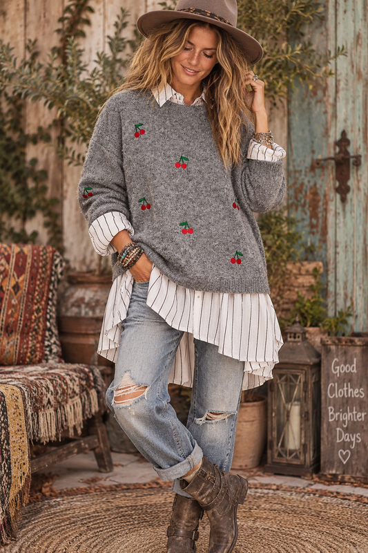 Vintage Cherry Embroidered Crew Neck Knit Oversize Sweater: GREY / OS