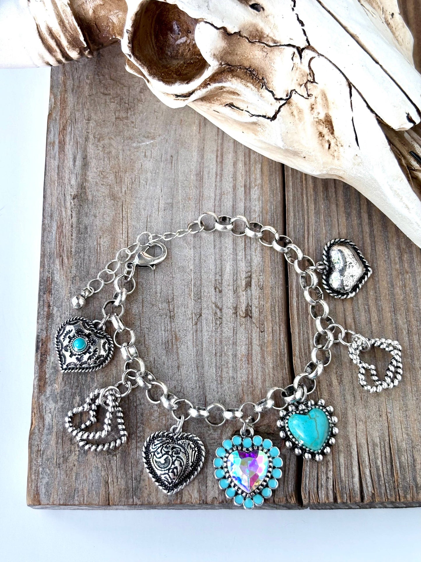 Western Style Stone Multi Charm Chunky Chain Bracelet : Heart Heart