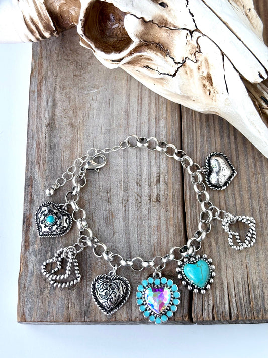 Western Style Stone Multi Charm Chunky Chain Bracelet : Heart Heart