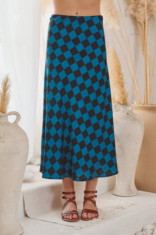 CHECKERED PRINT MIDI SKIRT: TEAL