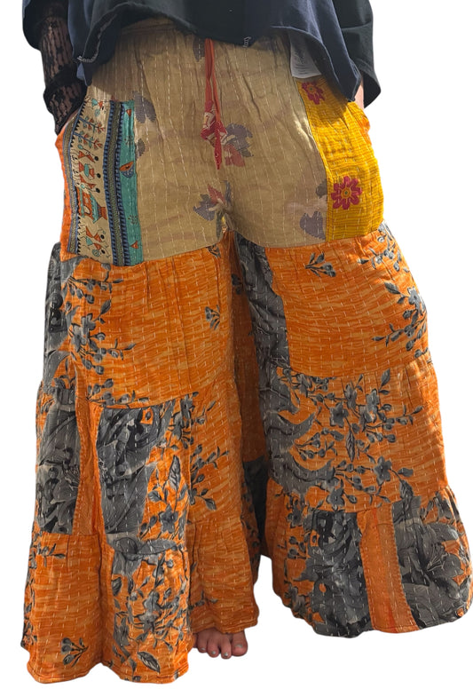 Corrin Kantha Flowy Tiered Reversible Palazzo Pant with Pockets: One Size Fits Size 6-16