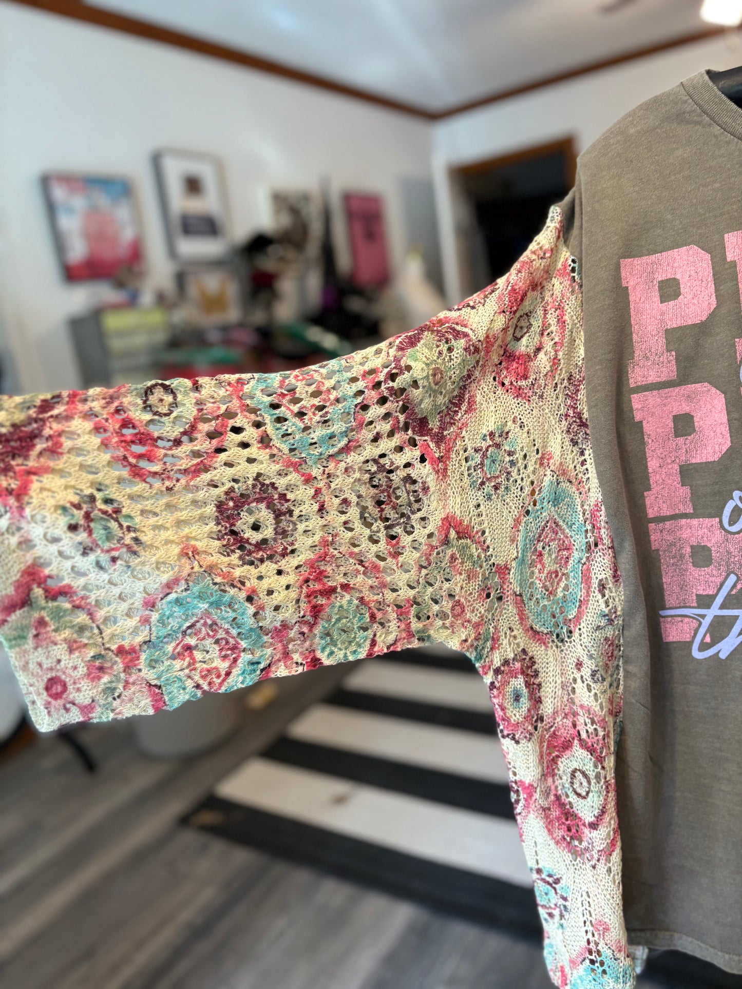 Pray Upcycled Drop-Sleeve Crochet Sweater One Size Fits a Small to 3X